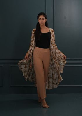 Floral Checkered Kimono - Beige & Brown_img_0