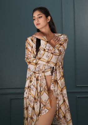 Floral Checkered Kimono - Beige & Brown_img_2