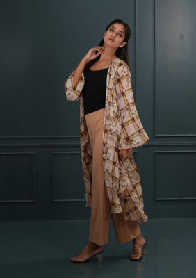 Floral Checkered Kimono - Beige & Brown_img_3