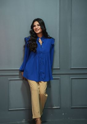 Elegant Blue Pleated Button-Down Top with Ruffle Sleeves_img_2