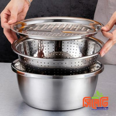 3-in-1 Stainless Steel Vegetable Cutter with Drain Basket Easy Food Prep for Southeast Asian Buyers Grater Basin for Fruits Vegetables_img_2
