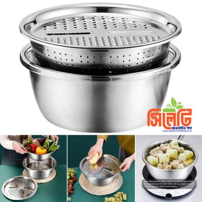3-in-1 Stainless Steel Vegetable Cutter with Drain Basket Easy Food Prep for Southeast Asian Buyers Grater Basin for Fruits Vegetables_img_3