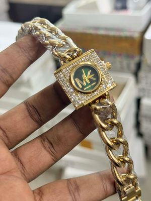 MK SHACKLE CHAIN GOLDEN SQUARE STONE GREEN DIAL_img_0