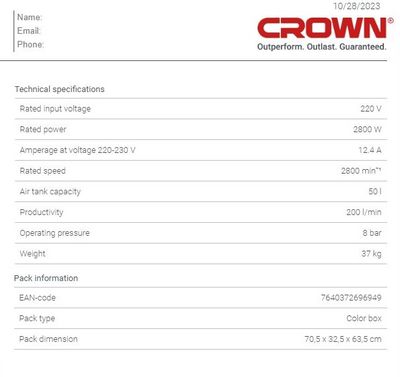 CROWN 50L Professional Oil-Free Air Compressor oil free & silent , 50L,2800W, 200L/min, 8Bar;  CT36094_img_3