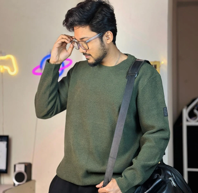 Forest Green Oversized Round Neck Sweater_img_1