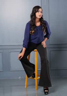 Elegant Navy Blue Ruffle Detail Top_img_1