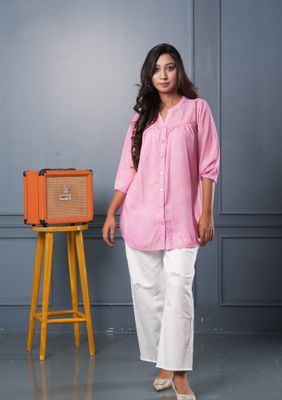Pink Casual Printed Top – Button-Down, 3/4 Sleeve_img_0