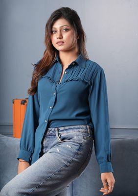 Elegant Pleated Blue Women's Shirt - Casual & Formal Top_img_2