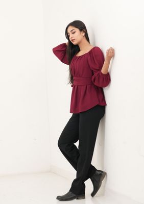 Elegant Maroon Belted Top with Balloon Sleeves_img_0