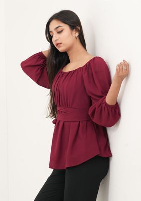 Elegant Maroon Belted Top with Balloon Sleeves_img_2