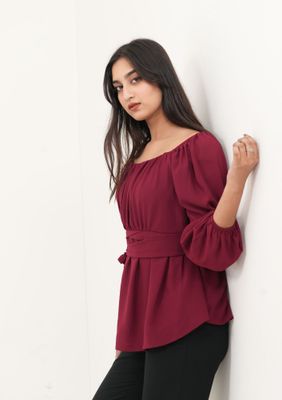 Elegant Maroon Belted Top with Balloon Sleeves_img_1