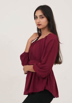 Elegant Maroon Belted Top with Balloon Sleeves_img_3