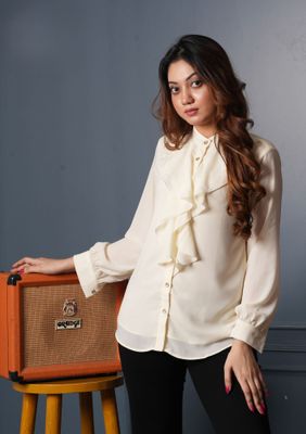 Elegant Ruffle Front Cream Shirt_img_0