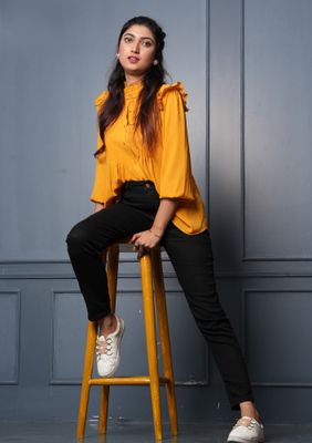 Stylish Mustard Yellow Ruffle Sleeve Top_img_2