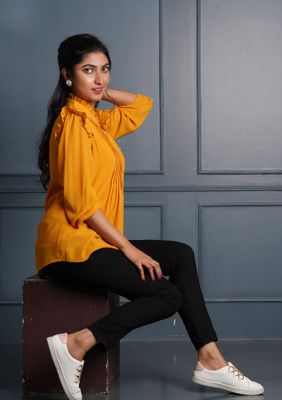Stylish Mustard Yellow Ruffle Sleeve Top_img_1