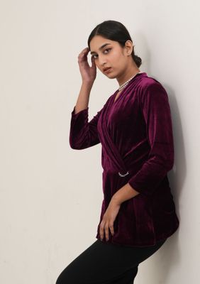 Plum Velvet Wrap Top with Chain Detail – Elegant Partywear_img_0