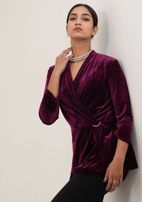 Plum Velvet Wrap Top with Chain Detail – Elegant Partywear_img_3