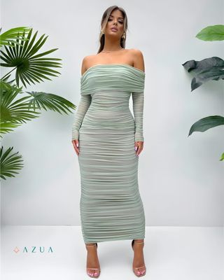 Off Shoulder Mesh Ruched Midi Dress_img_0