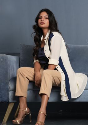 Elegant Navy Satin Top with Beige Pants and Contrast Shirt | Chic Formal Look_img_1