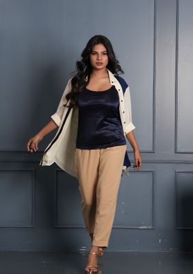 Elegant Navy Satin Top with Beige Pants and Contrast Shirt | Chic Formal Look_img_2