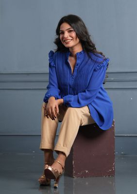 Royal Blue Pleated Ruffle Top chic and versatile look._img_2