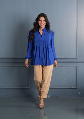 Royal Blue Pleated Ruffle Top chic and versatile look._img_1