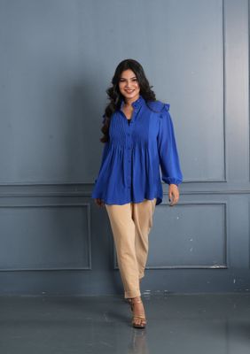 Royal Blue Pleated Ruffle Top chic and versatile look._img_0