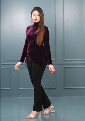 Velvet Wine High Neck Ruched Top_img_0