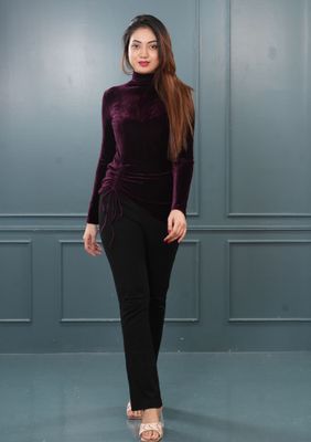 Velvet Wine High Neck Ruched Top_img_2