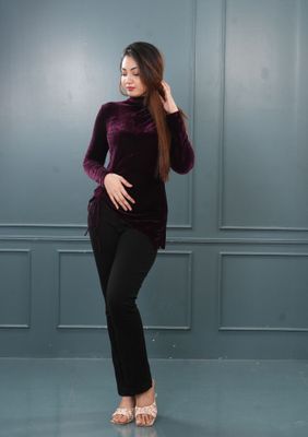 Velvet Wine High Neck Ruched Top_img_1