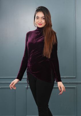 Velvet Wine High Neck Ruched Top_img_3