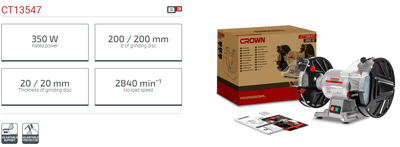 CROWN 8" Professional Bench Grinder, 350W, 200mm, 32mm; Model: CT13547_img_3