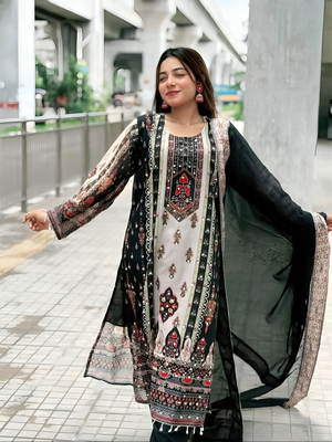 Georgette Digital Print & Mirror Work Dress Set_img_1