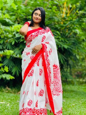 পুজো স্পেশাল প্রিমিয়াম রেশম সিল্ক শাড়ি স্কিন প্রিন্ট এর কাজ করা ব্লাউজ পিস সহ_img_0