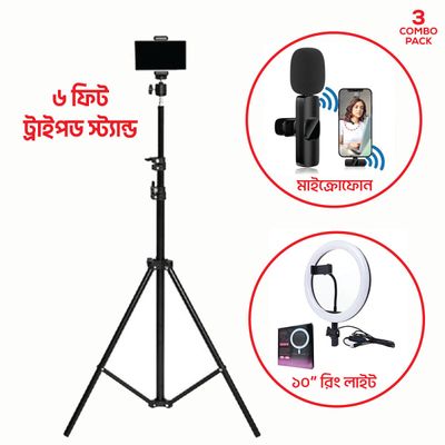 COMBO OFFER 6 Ft Tripod Stand + 10" Ring Light + K8 Wireless Microphone_img_0