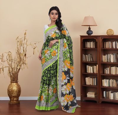 Bright Orange & White Floral Print on Olive Green Body | Digital Printed Saree | Contrast Aanchal & Border