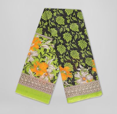 Bright Orange & White Floral Print on Olive Green Body | Digital Printed Saree | Contrast Aanchal & Border_img_2