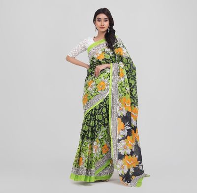 Bright Orange & White Floral Print on Olive Green Body | Digital Printed Saree | Contrast Aanchal & Border_img_3