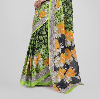 Bright Orange & White Floral Print on Olive Green Body | Digital Printed Saree | Contrast Aanchal & Border_img_4