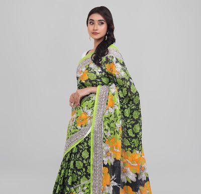 Bright Orange & White Floral Print on Olive Green Body | Digital Printed Saree | Contrast Aanchal & Border_img_5