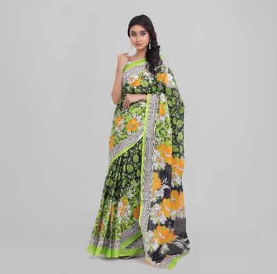 Bright Orange & White Floral Print on Olive Green Body | Digital Printed Saree | Contrast Aanchal & Border_img_6