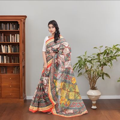 Digital Printed Saree | Multicolor All-Over Printed Body with Bright Orange Shape & Motif Printed Aanchal & Border