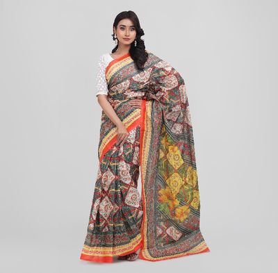 Digital Printed Saree | Multicolor All-Over Printed Body with Bright Orange Shape & Motif Printed Aanchal & Border_img_3