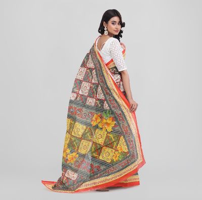 Digital Printed Saree | Multicolor All-Over Printed Body with Bright Orange Shape & Motif Printed Aanchal & Border_img_4