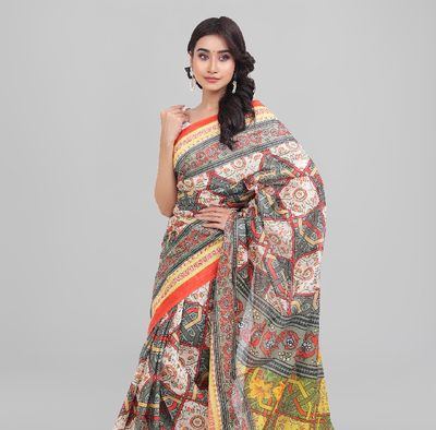 Digital Printed Saree | Multicolor All-Over Printed Body with Bright Orange Shape & Motif Printed Aanchal & Border_img_5