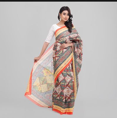 Digital Printed Saree | Multicolor All-Over Printed Body with Bright Orange Shape & Motif Printed Aanchal & Border_img_7