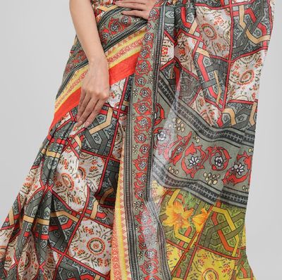 Digital Printed Saree | Multicolor All-Over Printed Body with Bright Orange Shape & Motif Printed Aanchal & Border_img_6