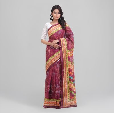 Chic Maroon Digital Printed Saree | All-Over Print with Stylish Contrast Aanchal & Border_img_4
