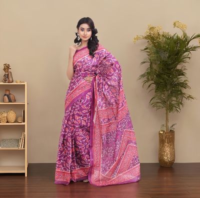 Sophisticated Violet Digital Printed Saree | All-Over Print with Contrasting Aanchal & Border