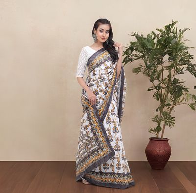 Graceful Digital Printed Saree | White with Detailed Floral Print & Contrast Aanchal & Border